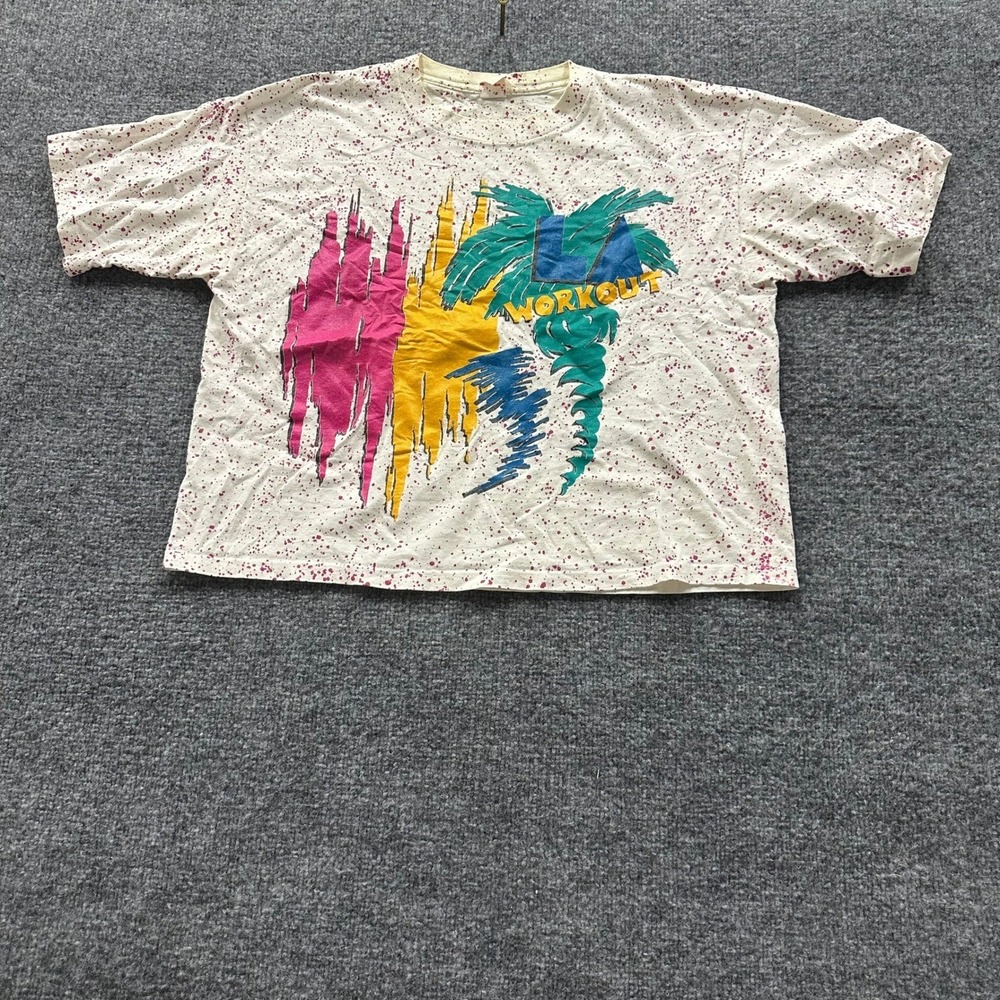 L.A. Workout T-Shirt Womens Size L White Splatter Paint Vintage 80s Graphic Crop